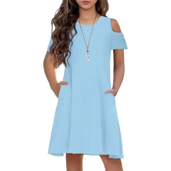 Arshiner Girls Summer Dress Short Sleeve Cold Shoulder Solid Color Swing Casual Dresses with Pockets