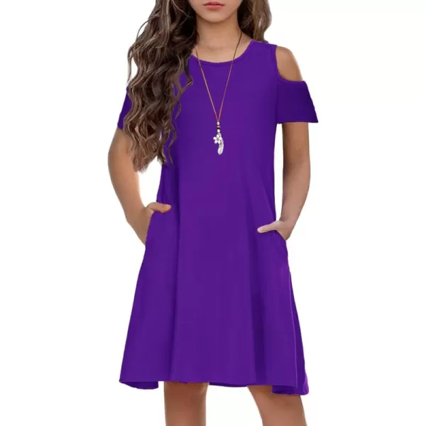 Arshiner Girls Summer Dress Short Sleeve Cold Shoulder Solid Color Swing Casual Dresses with Pockets