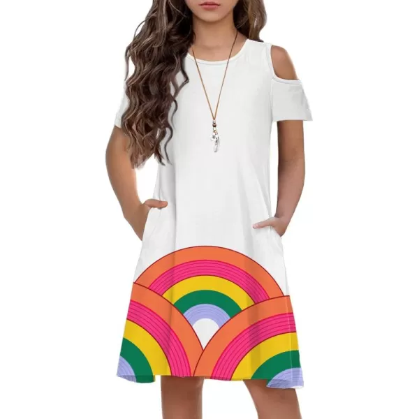 Arshiner Girls Summer Dress Short Sleeve Cold Shoulder Solid Color Swing Casual Dresses with Pockets