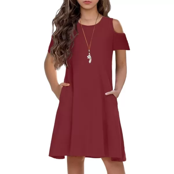 Arshiner Girls Summer Dress Short Sleeve Cold Shoulder Solid Color Swing Casual Dresses with Pockets