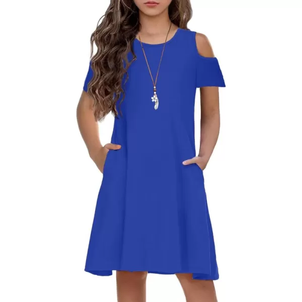Arshiner Girls Summer Dress Short Sleeve Cold Shoulder Solid Color Swing Casual Dresses with Pockets