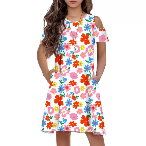 Arshiner Girls Summer Dress Short Sleeve Cold Shoulder Solid Color Swing Casual Dresses with Pockets