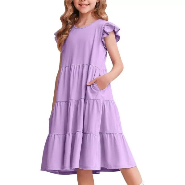 Arshiner Girl's Summer Dresses Ruffle Sleeve Tiered Swing Midi Casual Sundress with Pockets