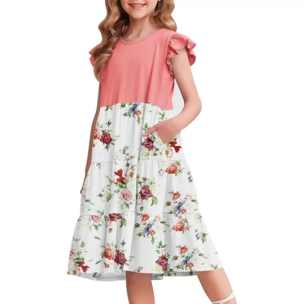 Arshiner Girl's Summer Dresses Ruffle Sleeve Tiered Swing Midi Casual Sundress with Pockets