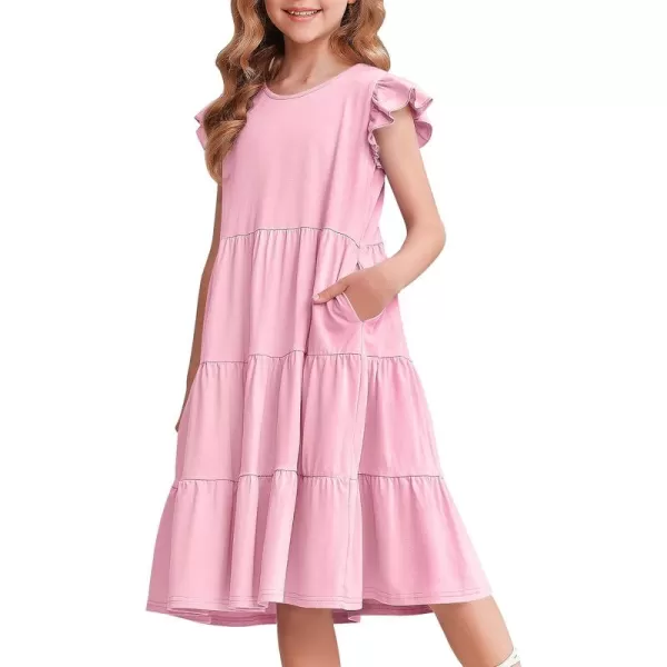 Arshiner Girl's Summer Dresses Ruffle Sleeve Tiered Swing Midi Casual Sundress with Pockets