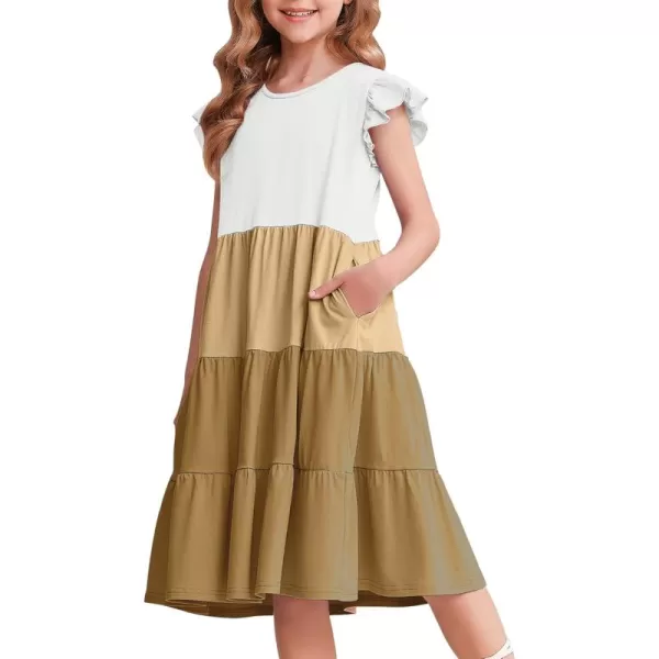 Arshiner Girl's Summer Dresses Ruffle Sleeve Tiered Swing Midi Casual Sundress with Pockets