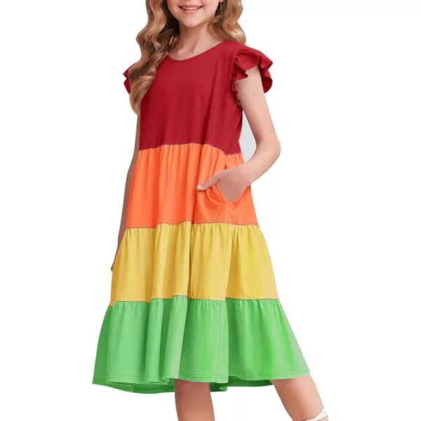 Arshiner Girl's Summer Dresses Ruffle Sleeve Tiered Swing Midi Casual Sundress with Pockets
