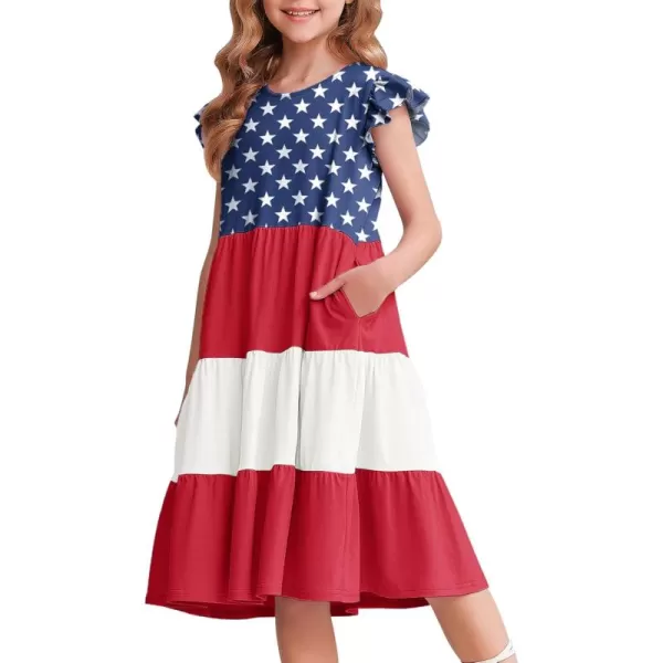 Arshiner Girl's Summer Dresses Ruffle Sleeve Tiered Swing Midi Casual Sundress with Pockets