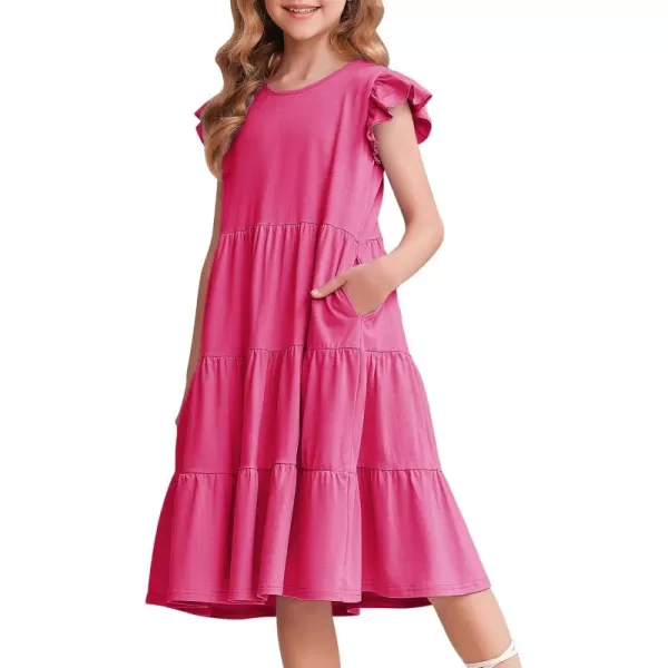 Arshiner Girl's Summer Dresses Ruffle Sleeve Tiered Swing Midi Casual Sundress with Pockets