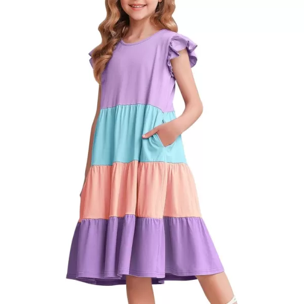 Arshiner Girl's Summer Dresses Ruffle Sleeve Tiered Swing Midi Casual Sundress with Pockets