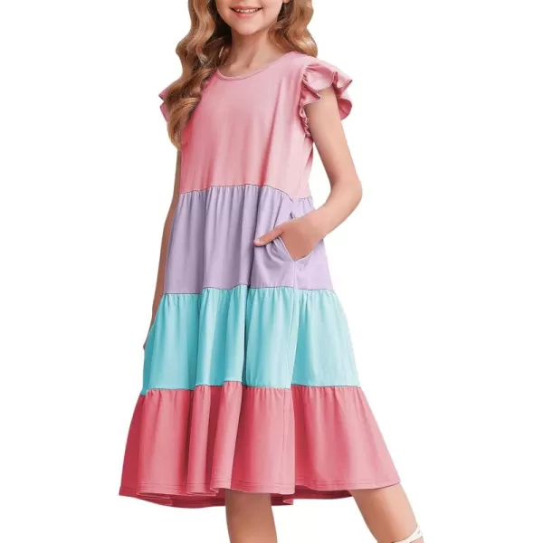 Arshiner Girl's Summer Dresses Ruffle Sleeve Tiered Swing Midi Casual Sundress with Pockets