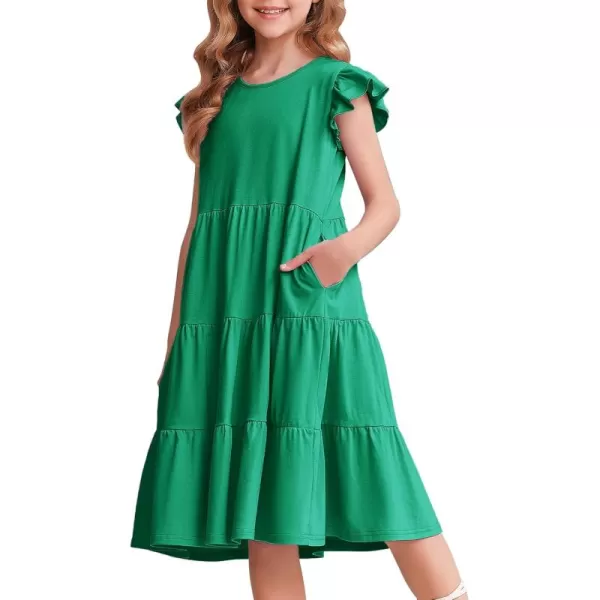 Arshiner Girl's Summer Dresses Ruffle Sleeve Tiered Swing Midi Casual Sundress with Pockets