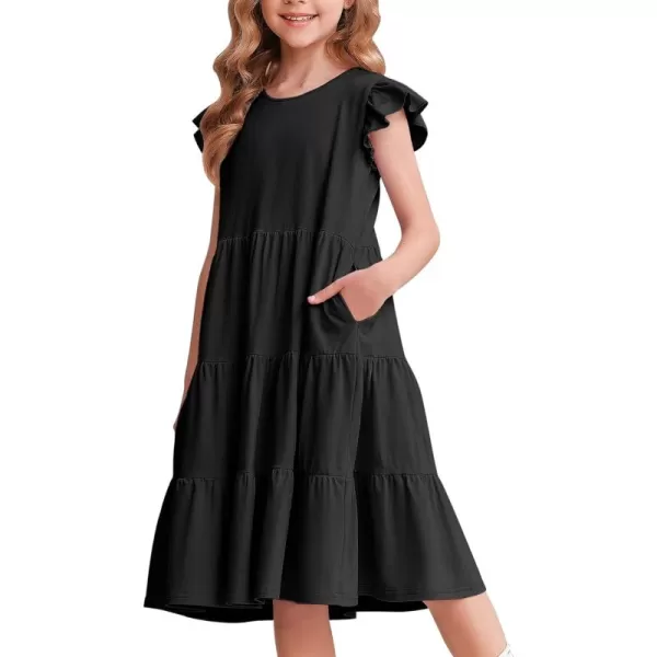 Arshiner Girl's Summer Dresses Ruffle Sleeve Tiered Swing Midi Casual Sundress with Pockets