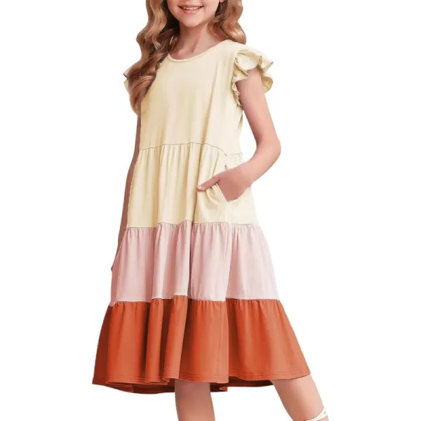 Arshiner Girl's Summer Dresses Ruffle Sleeve Tiered Swing Midi Casual Sundress with Pockets