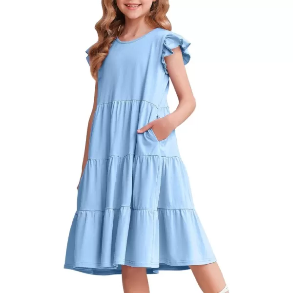 Arshiner Girl's Summer Dresses Ruffle Sleeve Tiered Swing Midi Casual Sundress with Pockets