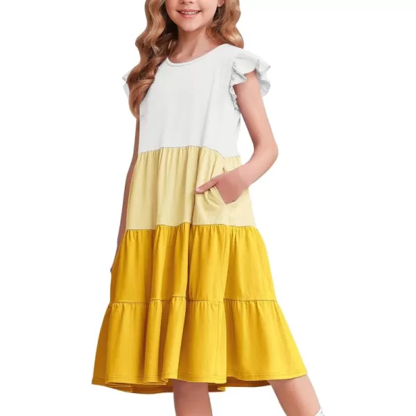 Arshiner Girl's Summer Dresses Ruffle Sleeve Tiered Swing Midi Casual Sundress with Pockets