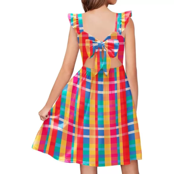 Arshiner Girls Summer Dresses Square Neck Ruffle Sleeve Tie Back A-Line Swing Casual Midi Dress with Pockets