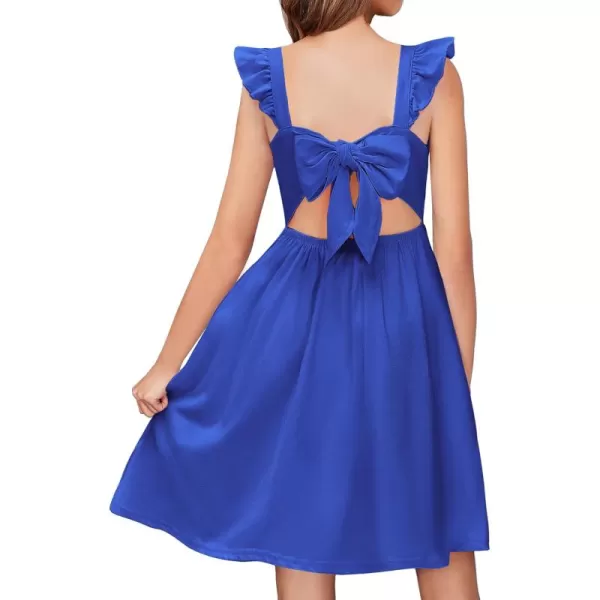 Arshiner Girls Summer Dresses Square Neck Ruffle Sleeve Tie Back A-Line Swing Casual Midi Dress with Pockets