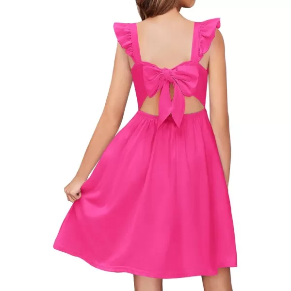 Arshiner Girls Summer Dresses Square Neck Ruffle Sleeve Tie Back A-Line Swing Casual Midi Dress with Pockets