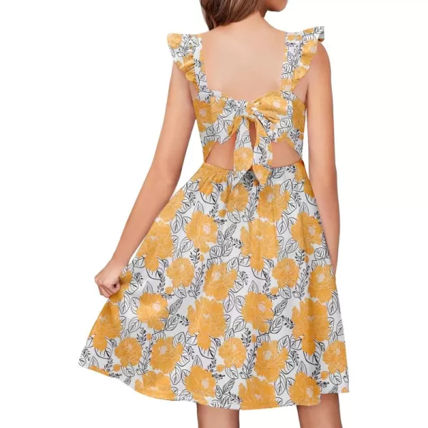 Arshiner Girls Summer Dresses Square Neck Ruffle Sleeve Tie Back A-Line Swing Casual Midi Dress with Pockets