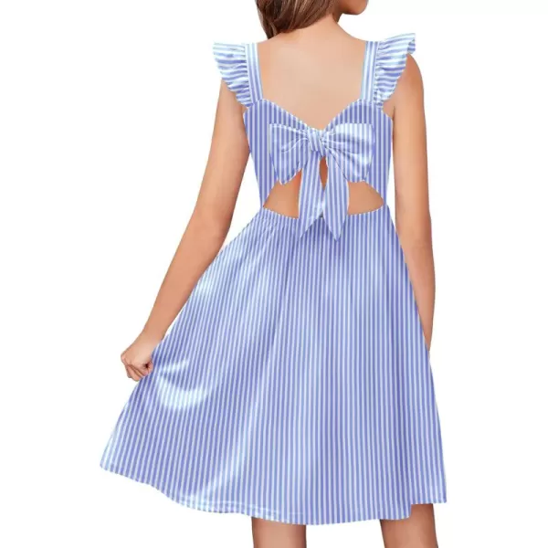 Arshiner Girls Summer Dresses Square Neck Ruffle Sleeve Tie Back A-Line Swing Casual Midi Dress with Pockets