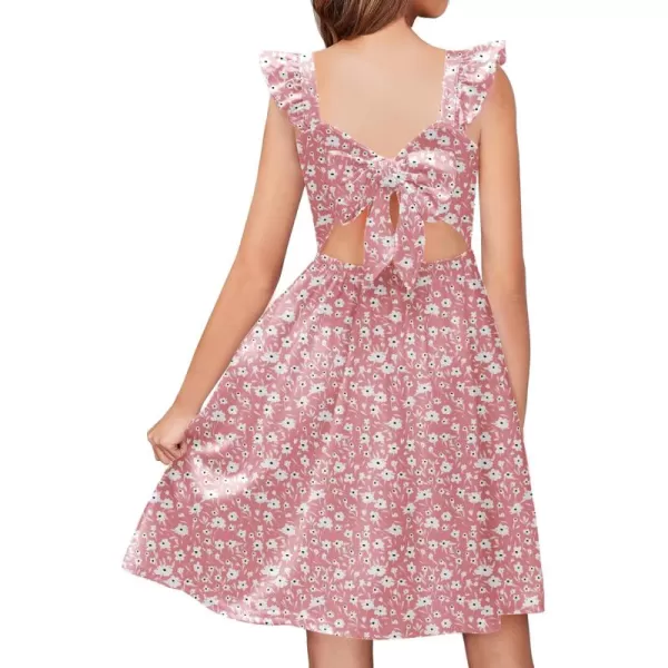 Arshiner Girls Summer Dresses Square Neck Ruffle Sleeve Tie Back A-Line Swing Casual Midi Dress with Pockets