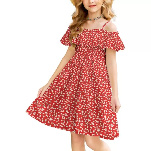 Arshiner Girls Summer Floral Ruffle Sundress Cold Shoulder Casual Holiday Dresses