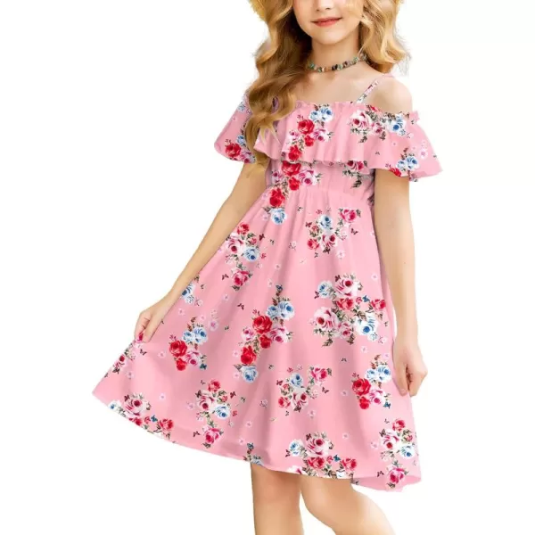 Arshiner Girls Summer Floral Ruffle Sundress Cold Shoulder Casual Holiday Dresses