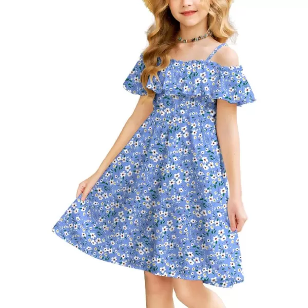 Arshiner Girls Summer Floral Ruffle Sundress Cold Shoulder Casual Holiday Dresses