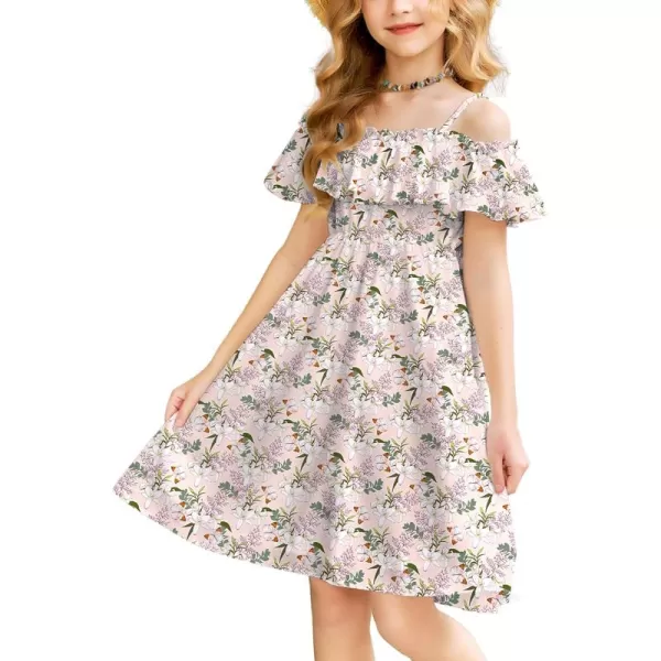 Arshiner Girls Summer Floral Ruffle Sundress Cold Shoulder Casual Holiday Dresses