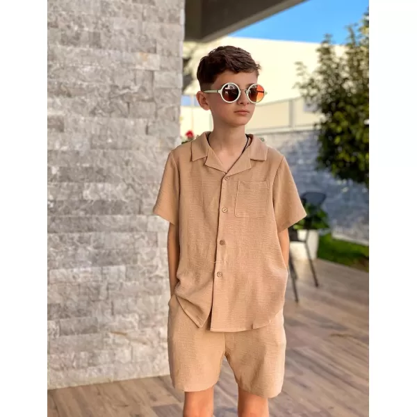 Arshiner Boys 2 Pieces Summer Beach Outfits Short Sleeve Button Down Shirts and Shorts Vacation Texture Sets for Kids