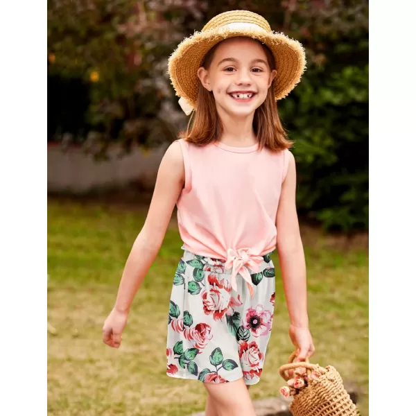 Arshiner Girl's 2 Piece Outfits Tie Knot Tank Top and Paperbag Waist Pocketed Summer Short Sets