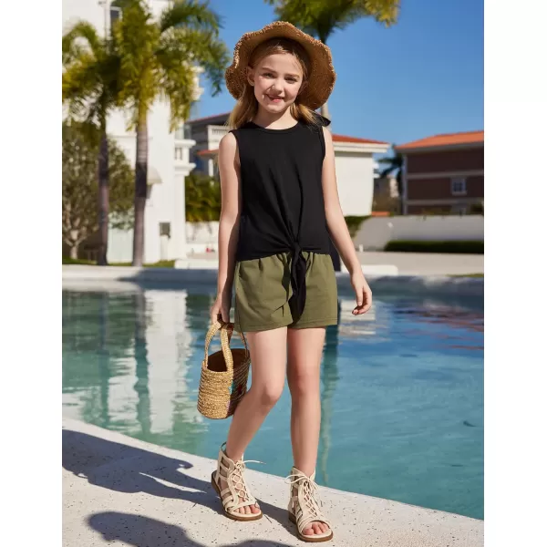 Arshiner Girl's 2 Piece Outfits Tie Knot Tank Top and Paperbag Waist Pocketed Summer Short Sets