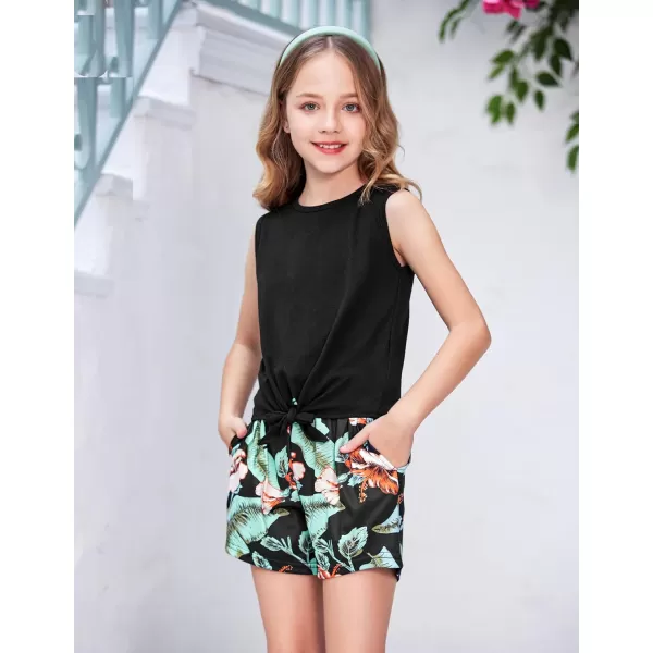 Arshiner Girl's 2 Piece Outfits Tie Knot Tank Top and Paperbag Waist Pocketed Summer Short Sets