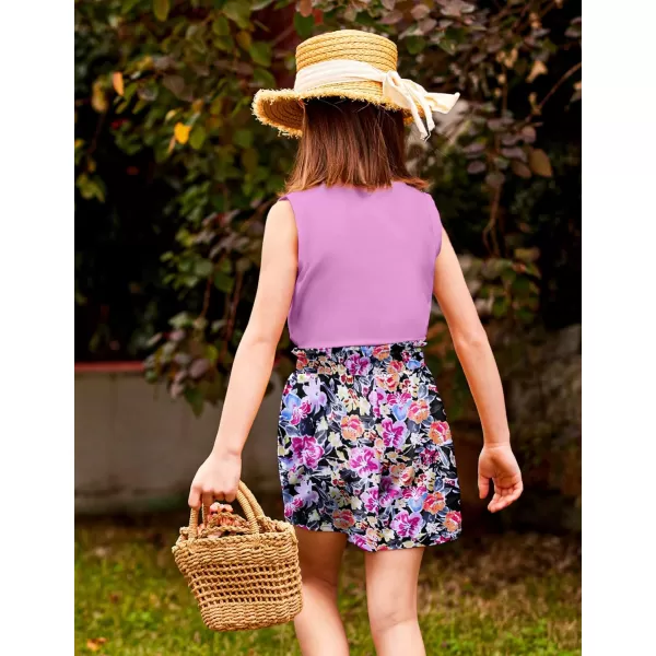 Arshiner Girl's 2 Piece Outfits Tie Knot Tank Top and Paperbag Waist Pocketed Summer Short Sets