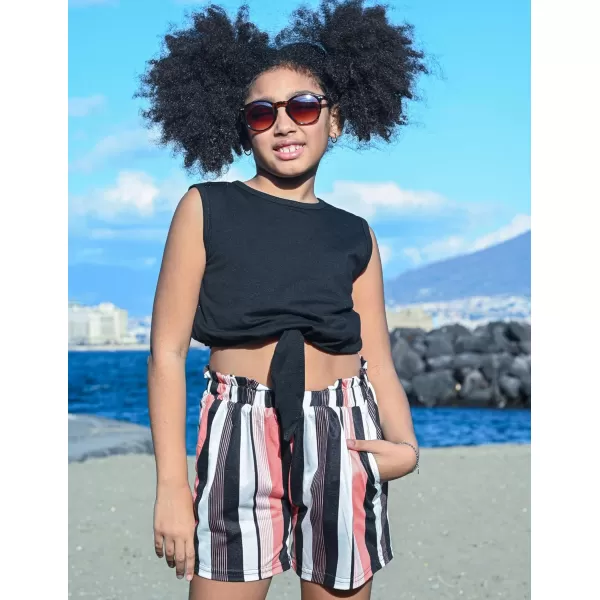 Arshiner Girl's 2 Piece Outfits Tie Knot Tank Top and Paperbag Waist Pocketed Summer Short Sets
