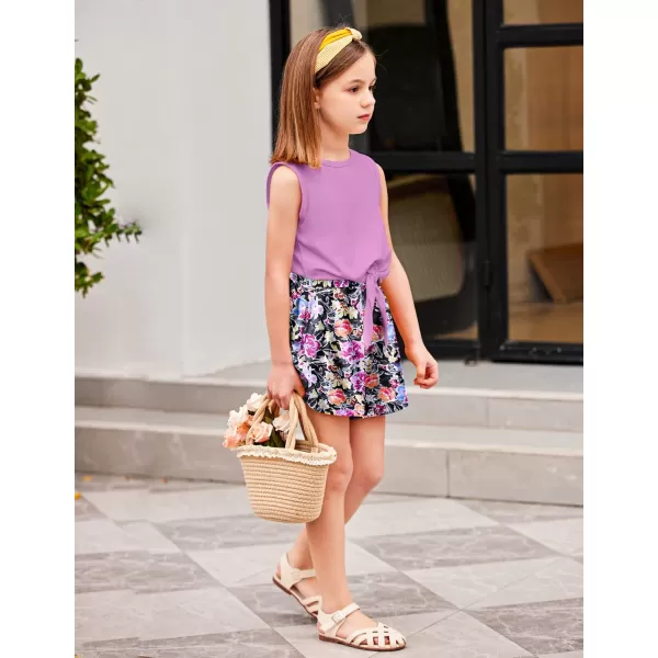 Arshiner Girl's 2 Piece Outfits Tie Knot Tank Top and Paperbag Waist Pocketed Summer Short Sets