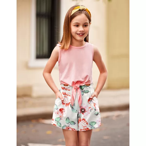 Arshiner Girl's 2 Piece Outfits Tie Knot Tank Top and Paperbag Waist Pocketed Summer Short Sets