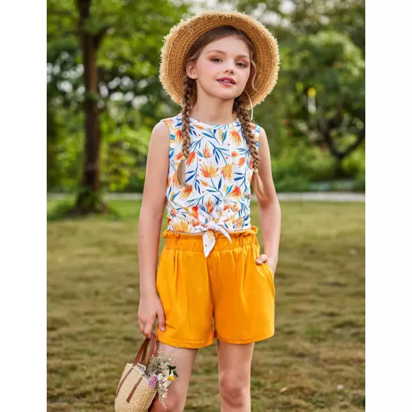 Arshiner Girl's 2 Piece Outfits Tie Knot Tank Top and Paperbag Waist Pocketed Summer Short Sets