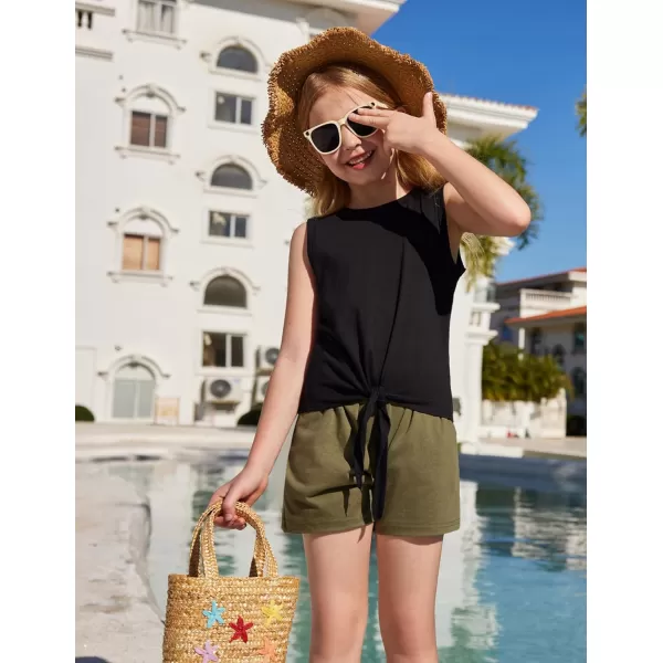 Arshiner Girl's 2 Piece Outfits Tie Knot Tank Top and Paperbag Waist Pocketed Summer Short Sets
