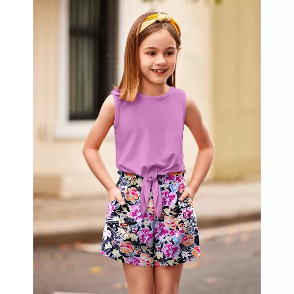 Arshiner Girl's 2 Piece Outfits Tie Knot Tank Top and Paperbag Waist Pocketed Summer Short Sets