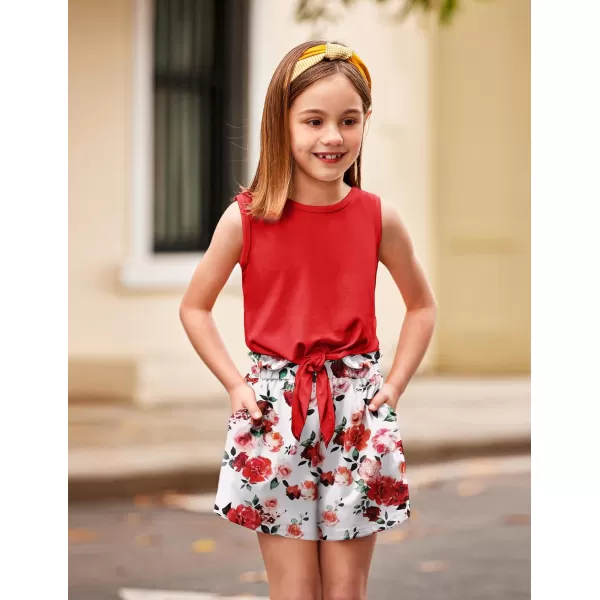 Arshiner Girl's 2 Piece Outfits Tie Knot Tank Top and Paperbag Waist Pocketed Summer Short Sets