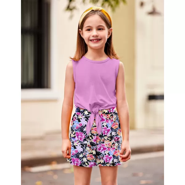 Arshiner Girl's 2 Piece Outfits Tie Knot Tank Top and Paperbag Waist Pocketed Summer Short Sets