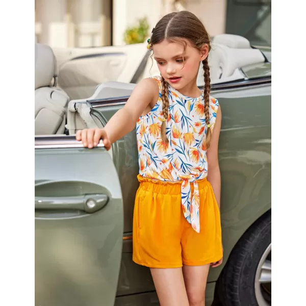 Arshiner Girl's 2 Piece Outfits Tie Knot Tank Top and Paperbag Waist Pocketed Summer Short Sets