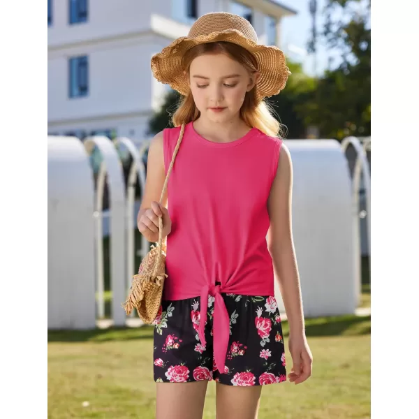 Arshiner Girl's 2 Piece Outfits Tie Knot Tank Top and Paperbag Waist Pocketed Summer Short Sets