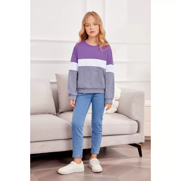 Arshiner Girls Color Block Sweatshirts Tops Kids Crewneck Long Sleeve Lightweight Pullover Hoodies