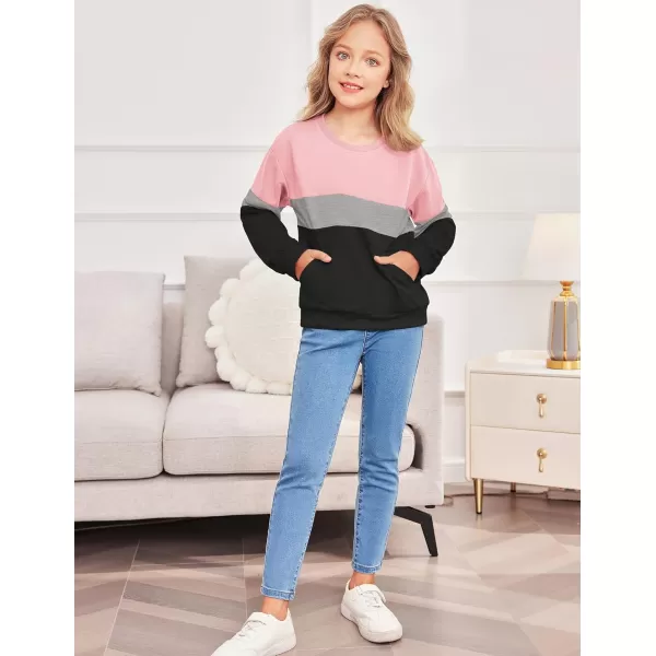 Arshiner Girls Color Block Sweatshirts Tops Kids Crewneck Long Sleeve Lightweight Pullover Hoodies