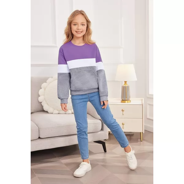 Arshiner Girls Color Block Sweatshirts Tops Kids Crewneck Long Sleeve Lightweight Pullover Hoodies