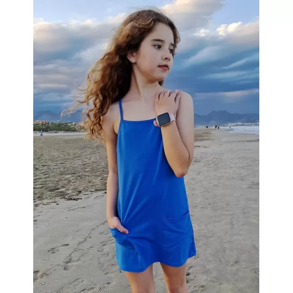 Arshiner Girls Dress with Shorts Casual Summer Spaghetti Straps One Piece Romper Dresses with Pockets for Kid 5-15 Y