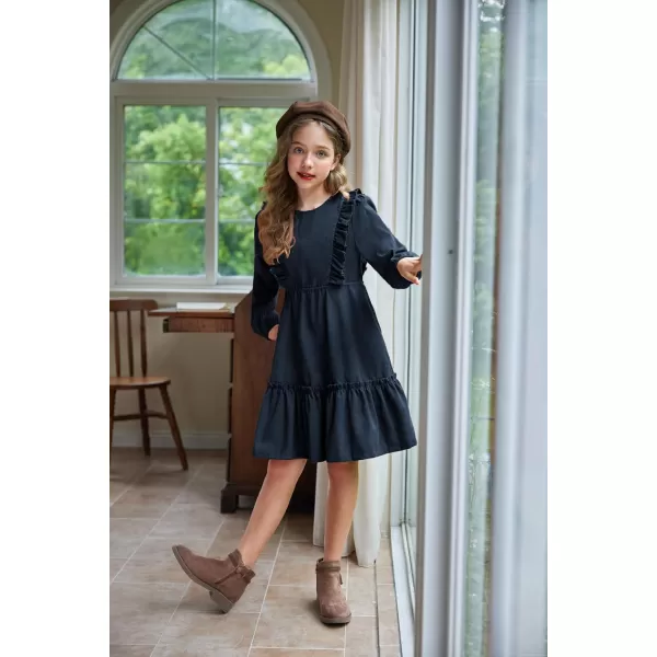 Arshiner Girls Dresses Casual A-line Ruffled Button Long Sleeve Corduroy Swing Dress